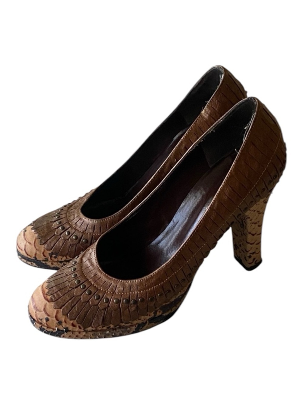 ISABELLA FIORE Leather Kiltie 345 Snake Print 345 Studded Pump Size 7.5 Brown